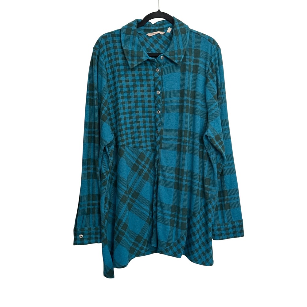 Soft Surroundings Teal Mixed Plaid Button Front Tunic Top 3X